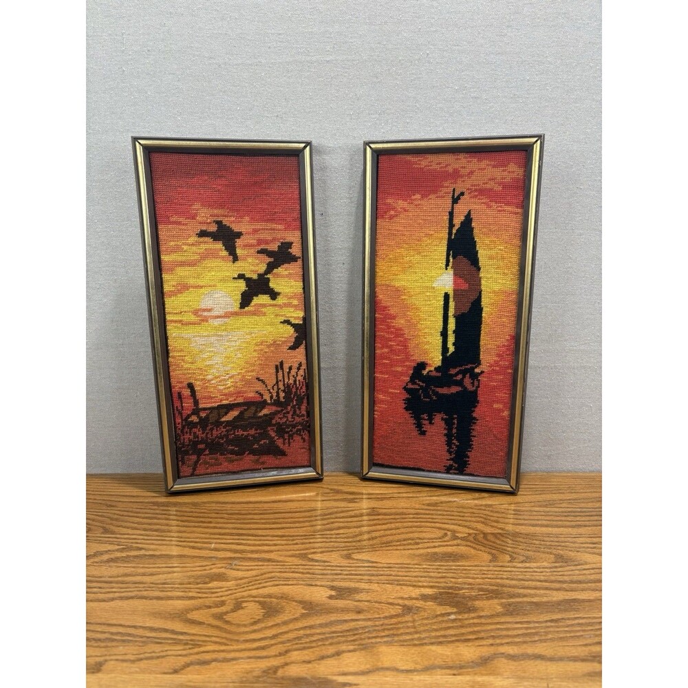 Vintage 70s Needlepoint Wall Art Set 2 Sunset Sailboat Birds Framed Mid Century